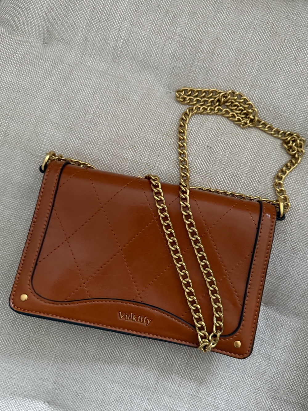 Tan Quilted Crossbody Bag with Gold Chain
